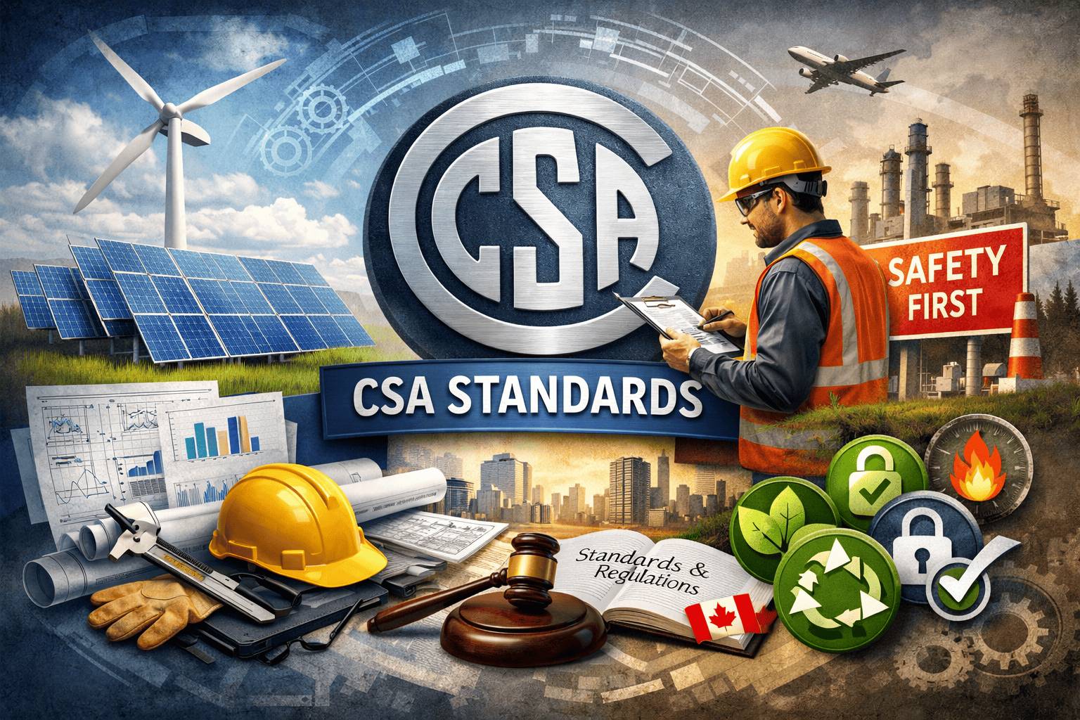 Canadian buyer reviewing Canada CSA Standards documents at a job site