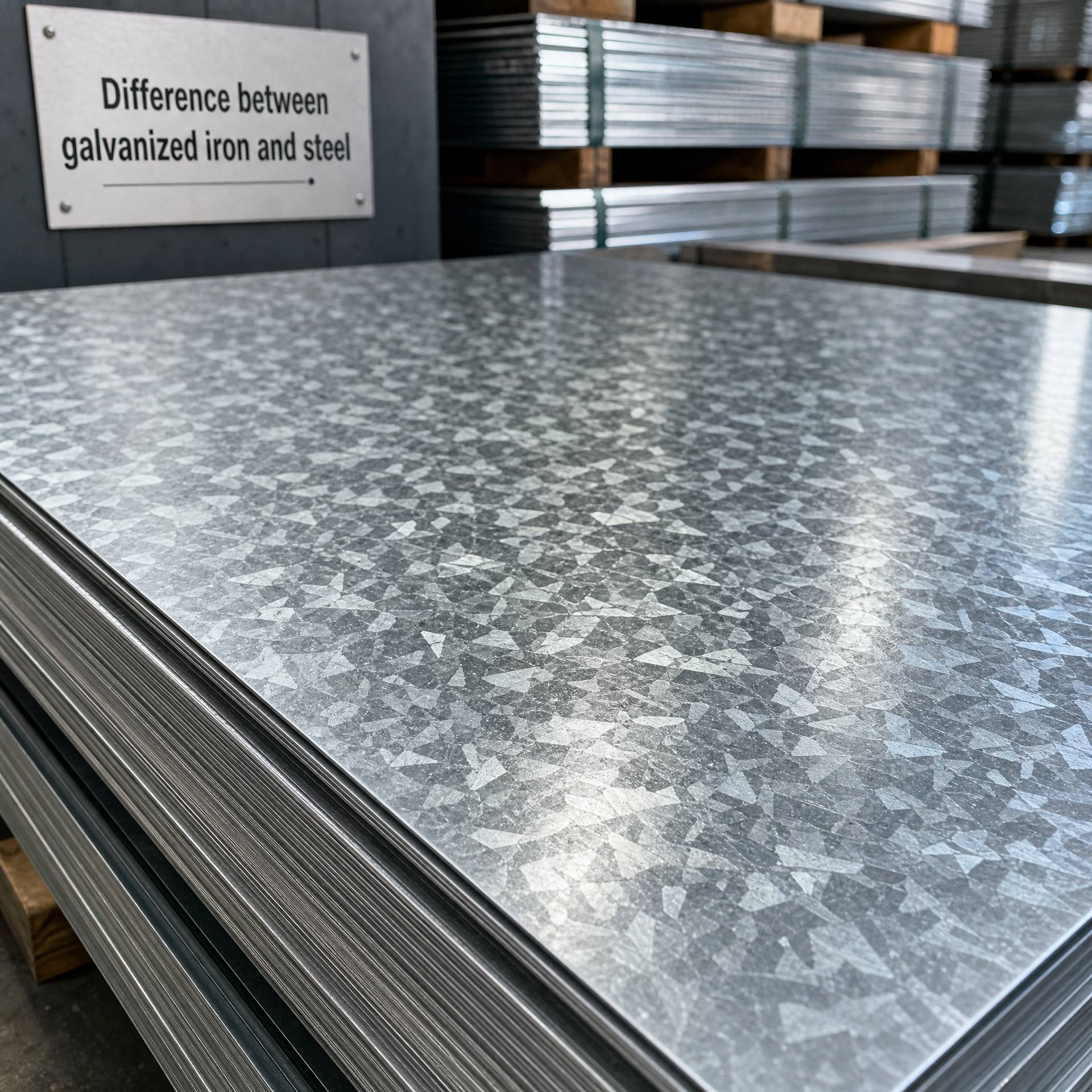 A detailed close-up of galvanized steel sheets showing the crystalline zinc coating and explaining the difference between galvanized iron and steel. 