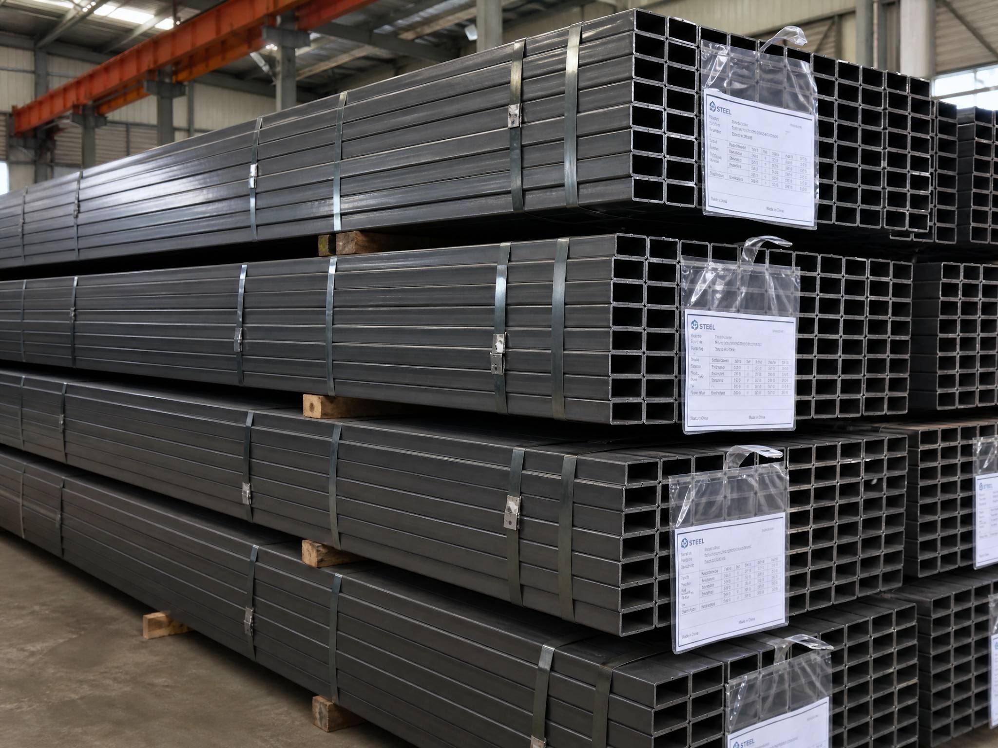  Bundles of mild steel and galvanized iron products professionally packaged and labeled for secure international export from China. 