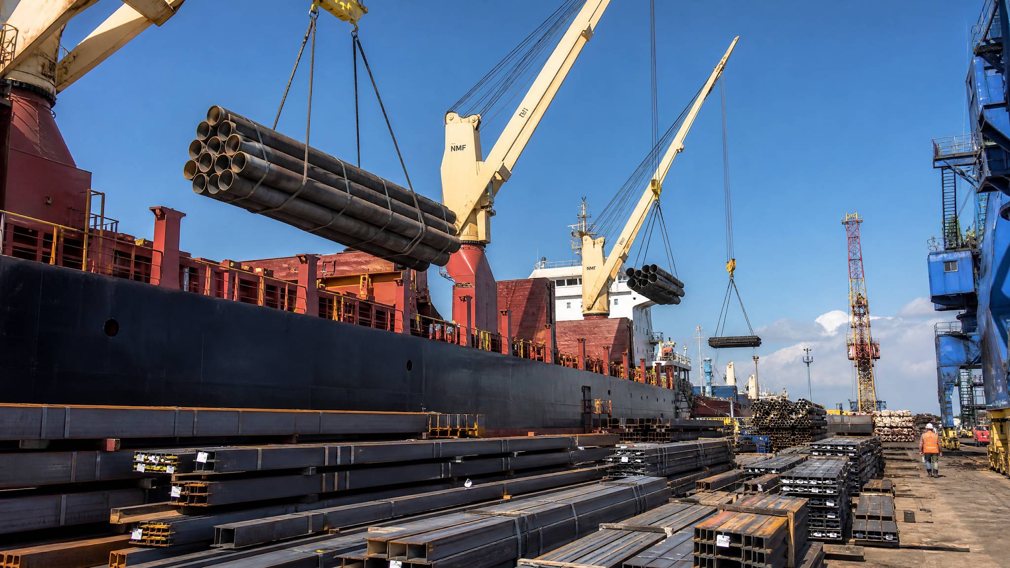 A massive cargo ship being loaded with structural steel products including mild steel and galvanized iron at a busy international port.