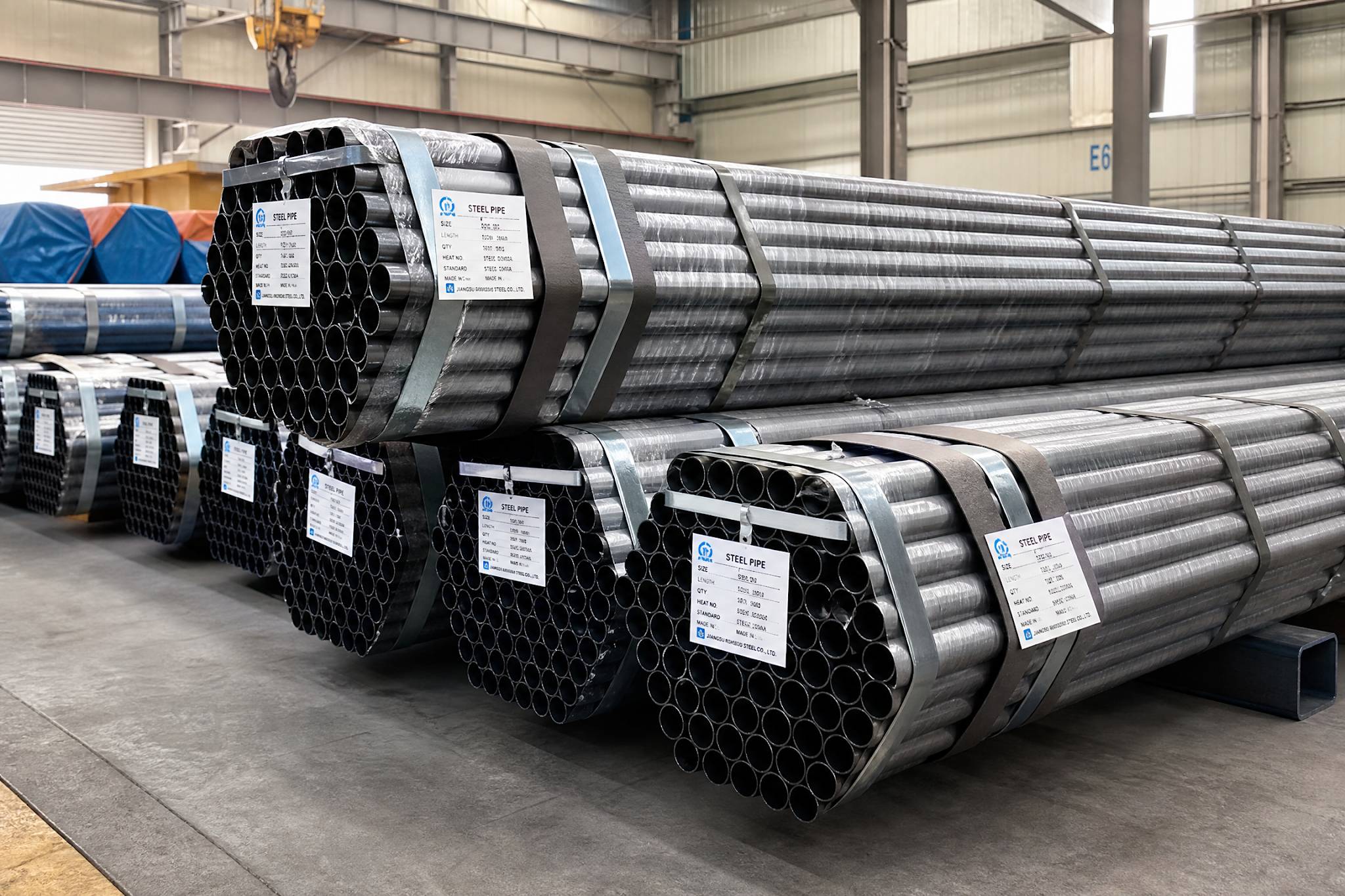 Bundles of steel pipes and tubes securely packaged with steel strapping and clear labels, ready for international shipping from a warehouse.