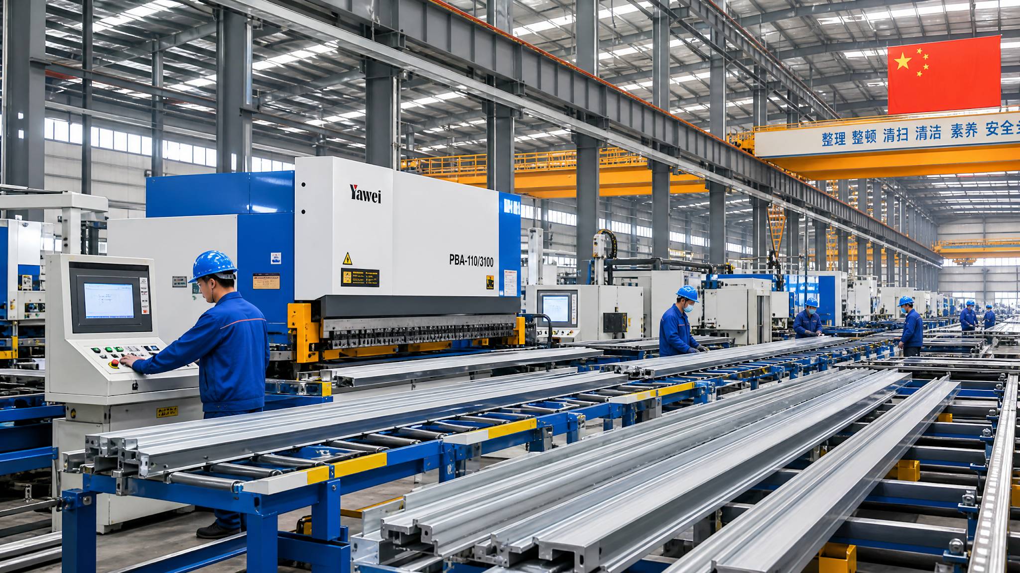 Wide shot of a state-of-the-art steel and aluminium fabrication factory in China with workers operating machinery.