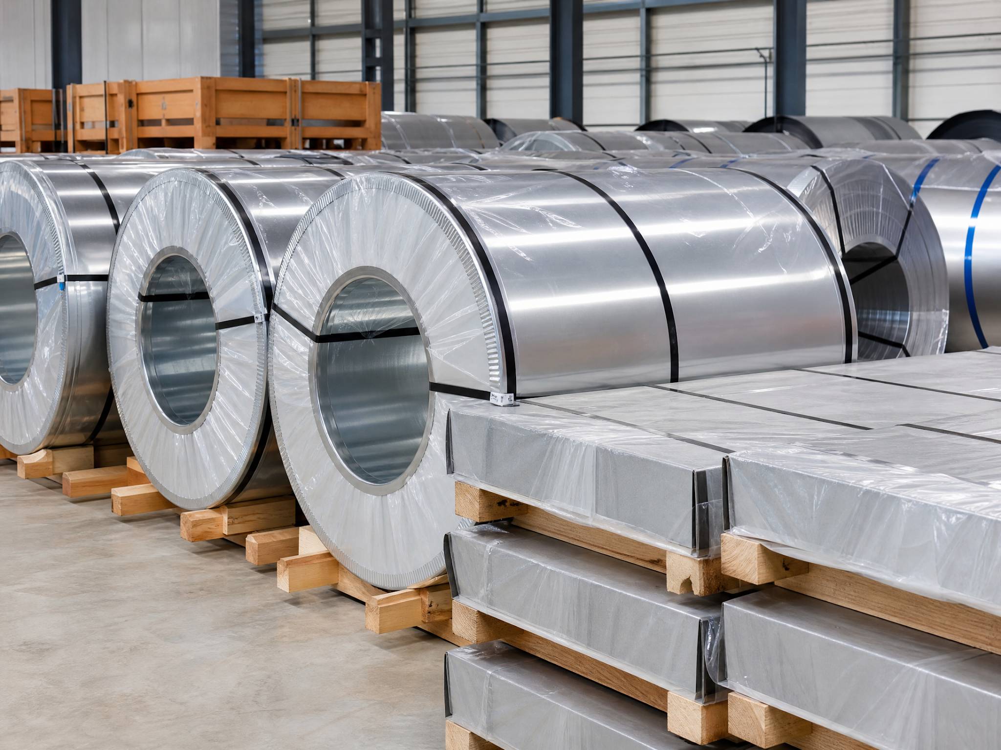 Professionally packaged aluminium coils and galvanized steel sheets in a warehouse, ready for transport.