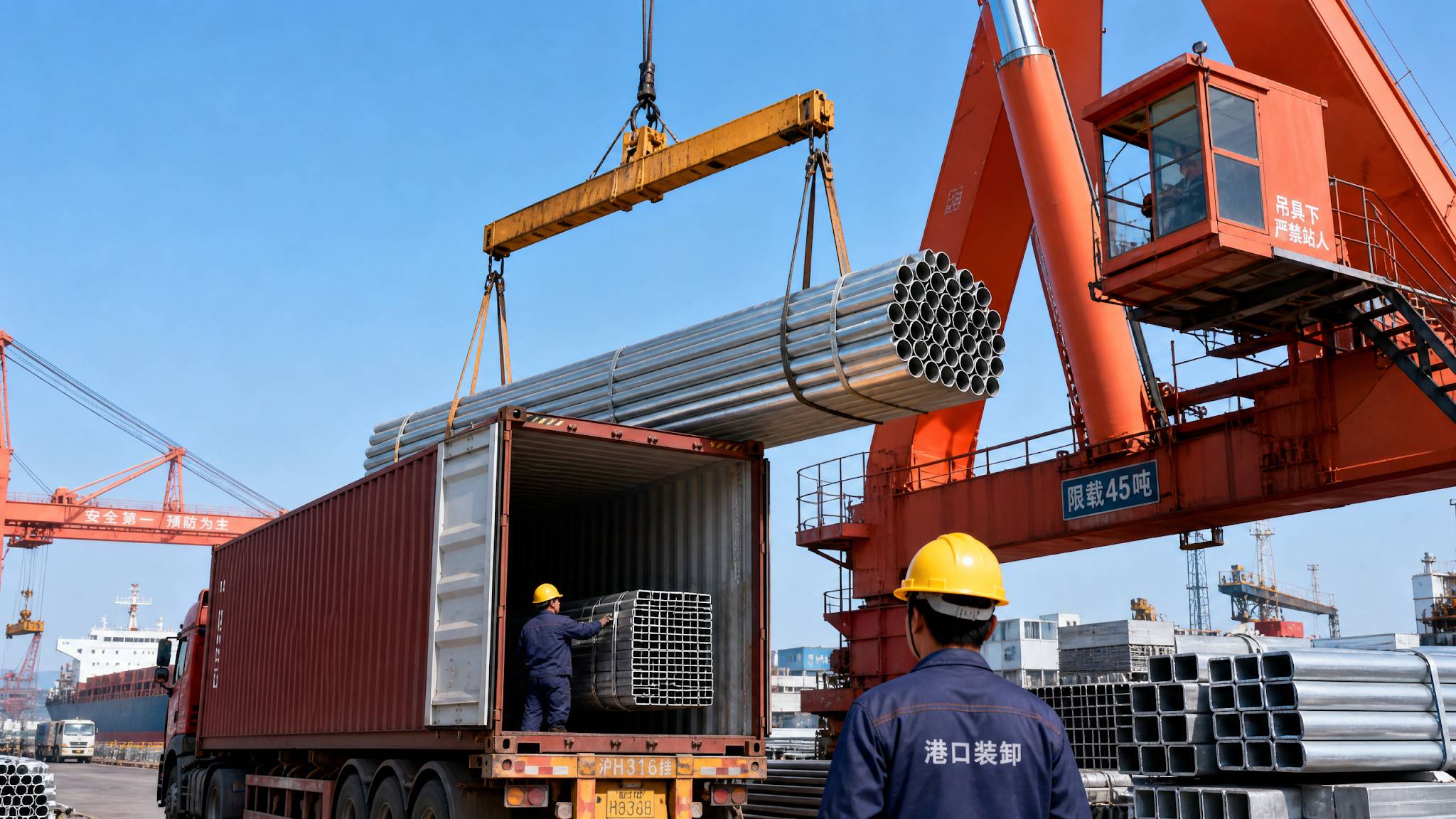  A crane loading bundles of galvanized steel pipes and aluminium profiles into a shipping container at a bustling Chinese port.