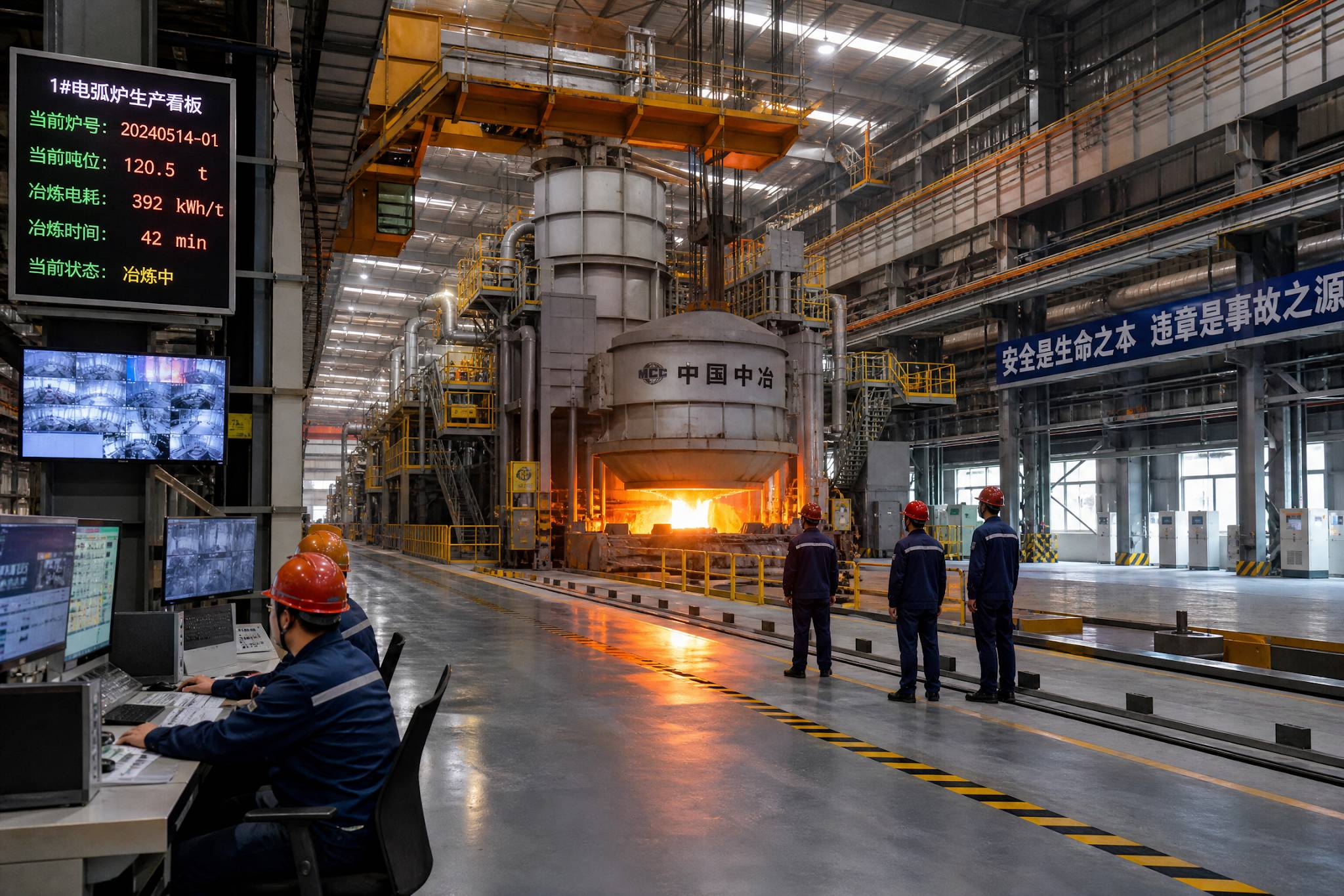  Workers, including Asian Chinese individuals, monitoring operations in a modern Electric Arc Furnace steel manufacturing factory, highlighting advanced production capabilities.