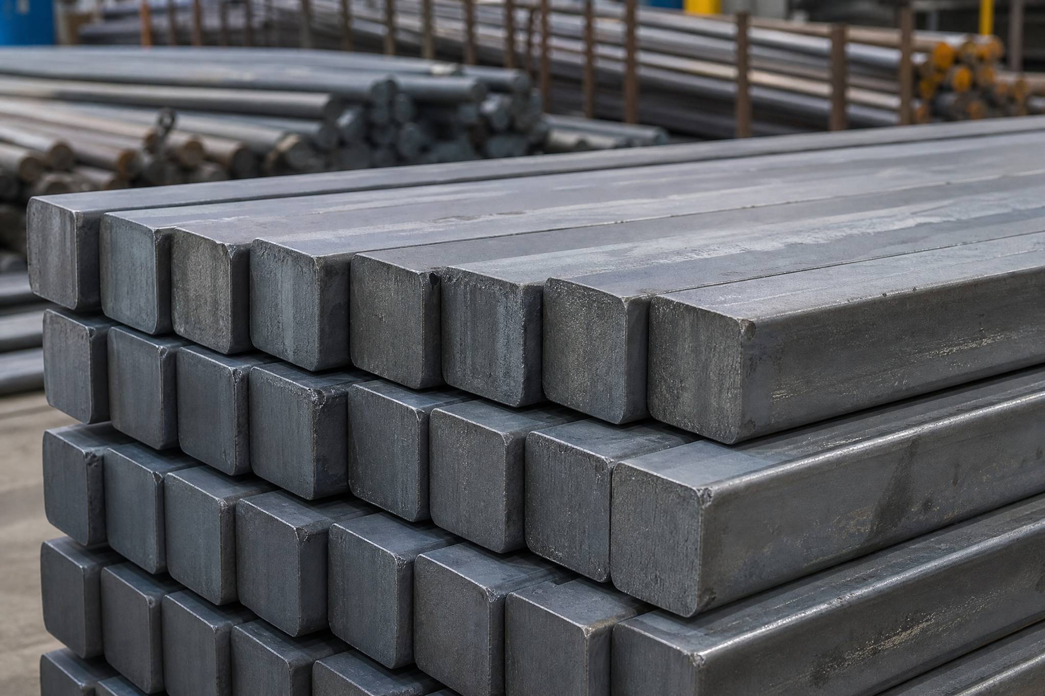  A close-up view of neatly stacked, high-quality steel billets, a primary product of the Electric Arc Furnace process, ready for further processing.