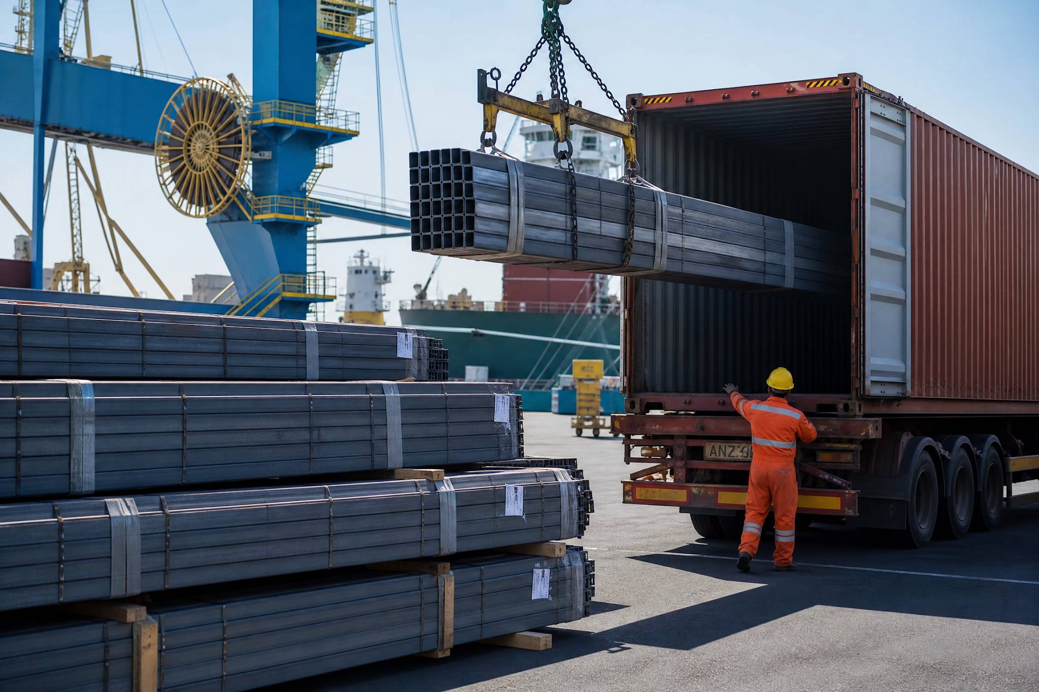 A worker supervising the loading of bundles of Electric Arc Furnace (EAF) produced steel into a shipping container at a port, ready for international delivery.