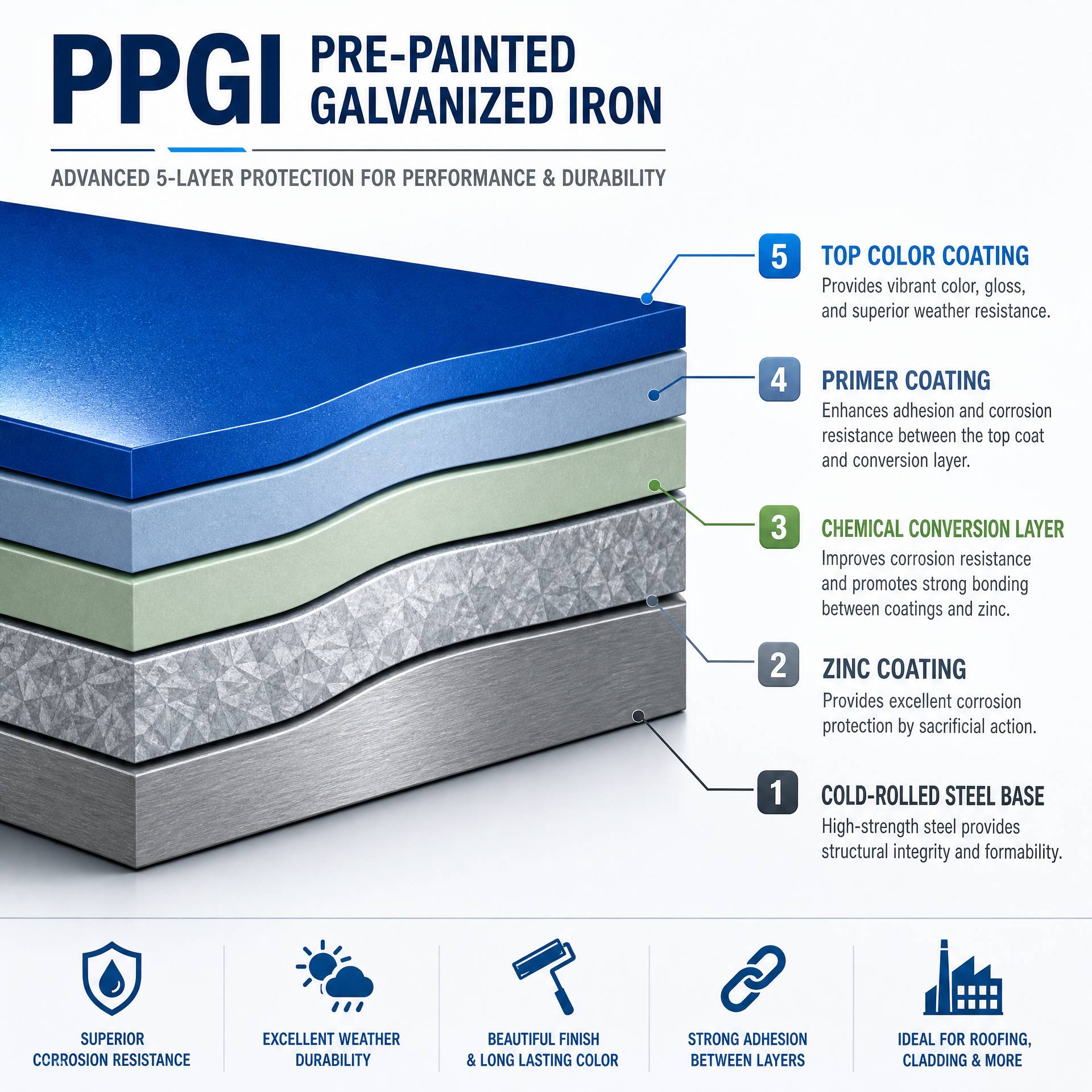 : Infographic showing the five layers of PPGI: Cold-Rolled Steel Base, Zinc Coating, Chemical Conversion Layer, Primer Coating, and Top Color Coating.