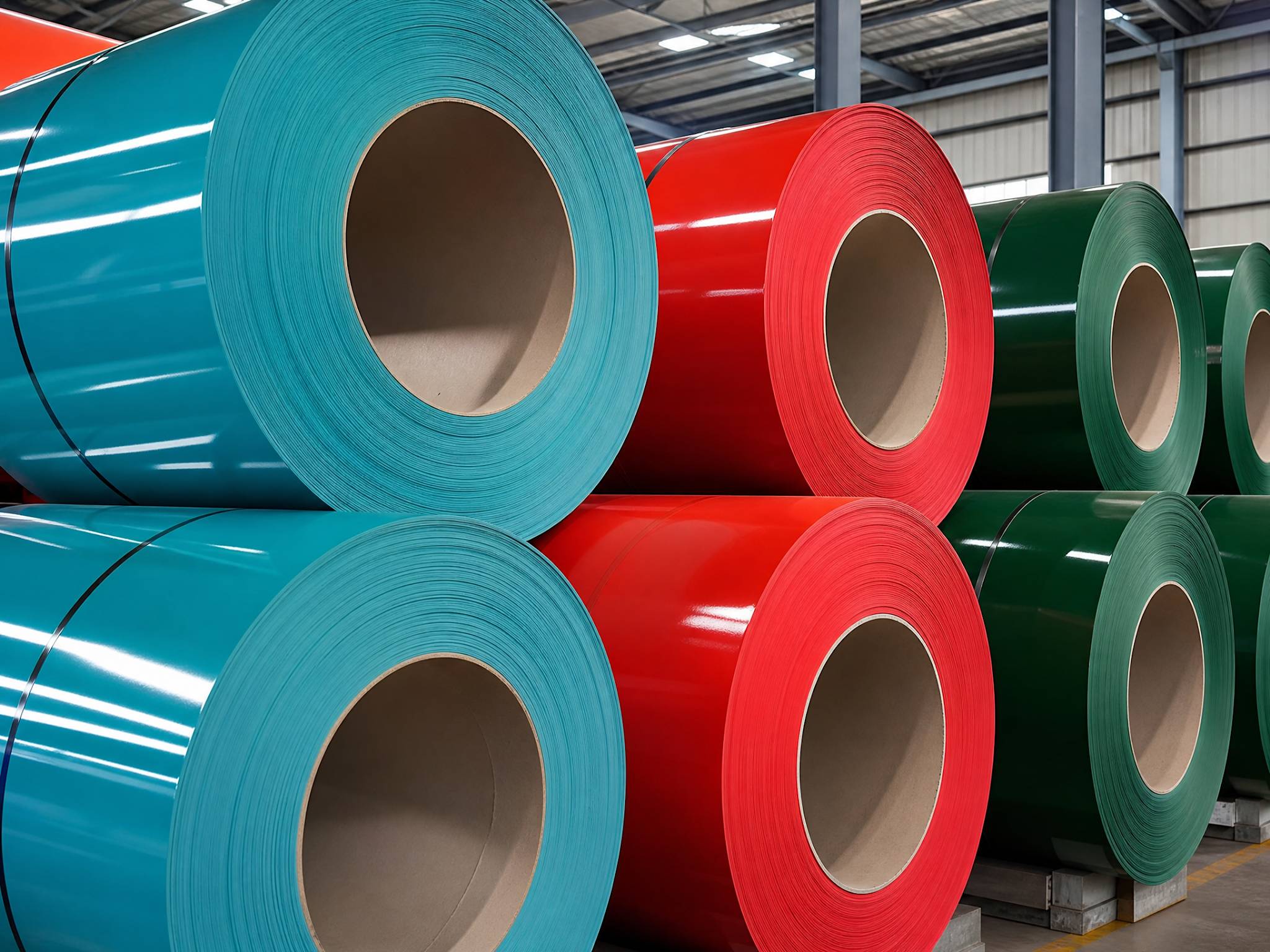 Close-up of neatly stacked, colorful Pre-painted Galvanized Iron (PPGI) steel coils in a warehouse.