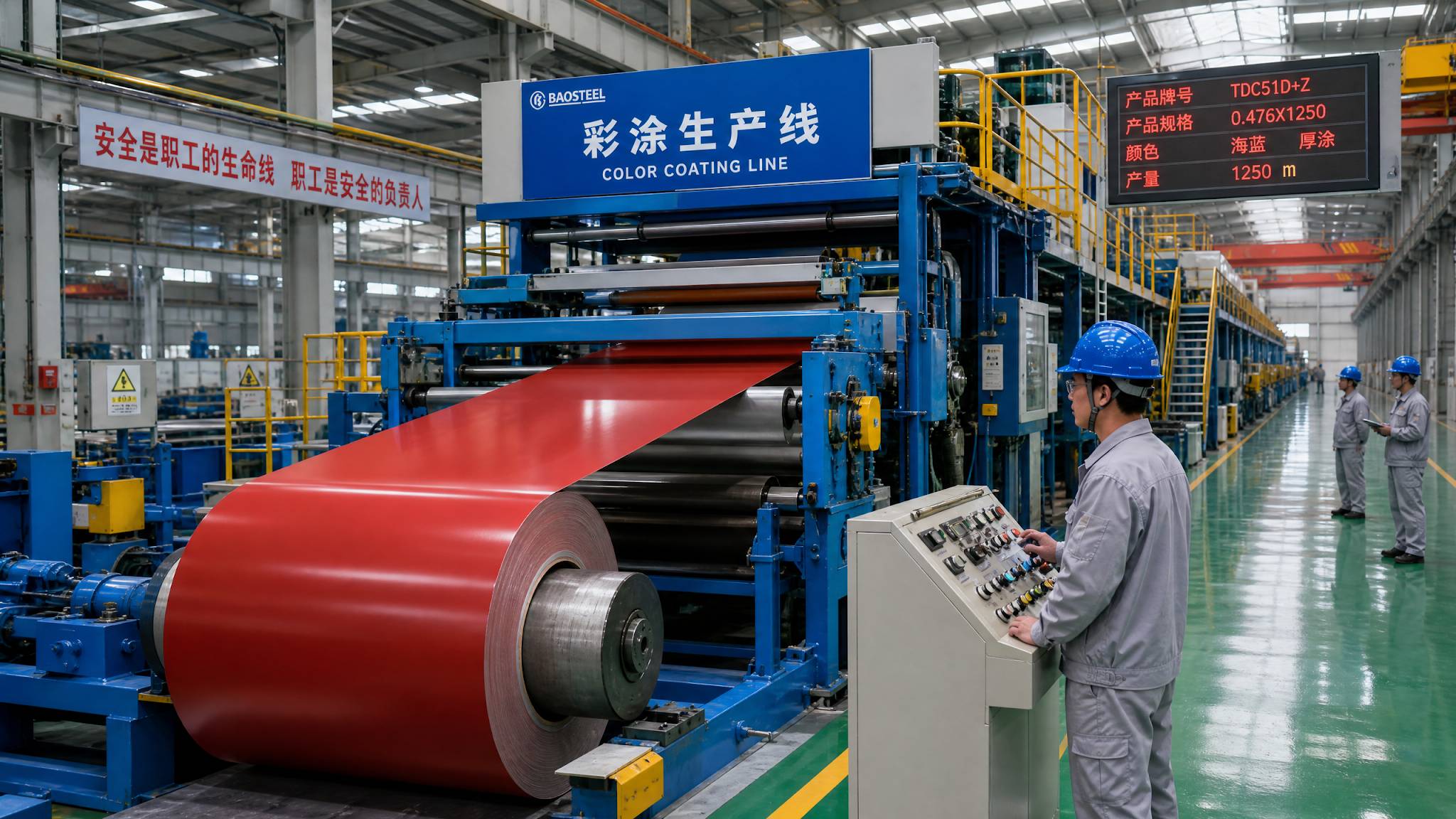 Asian Chinese factory workers monitoring an automated PPGI color coating production line in a modern steel mill.