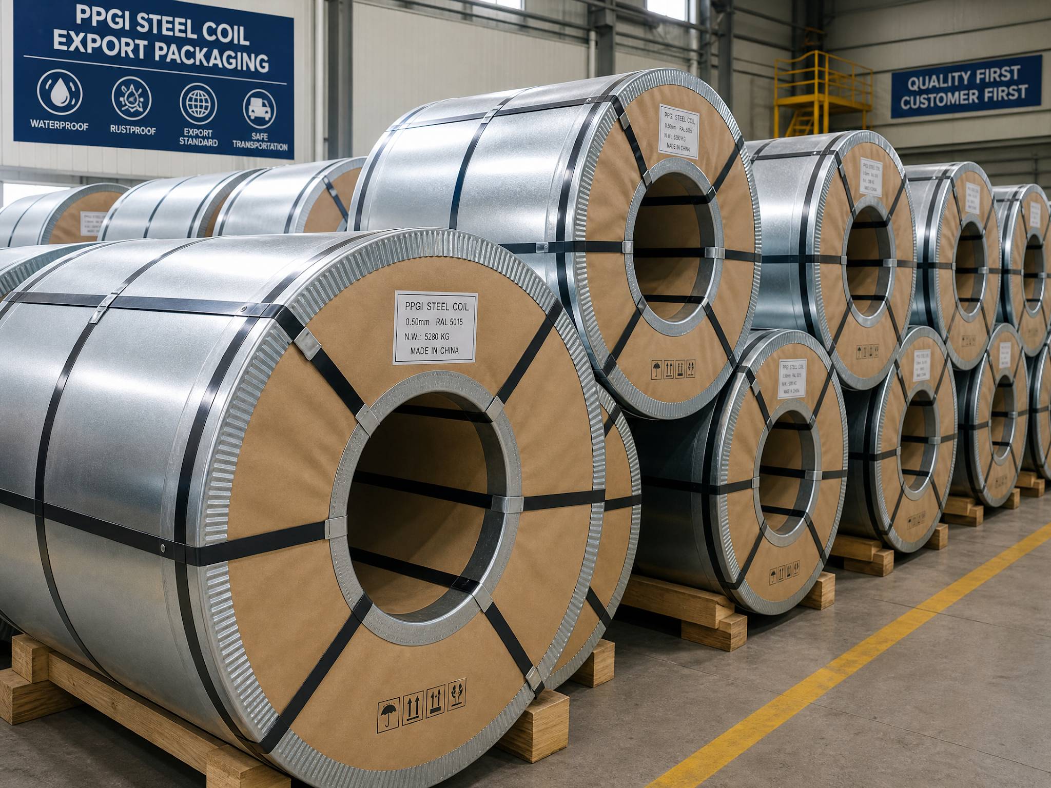 PPGI steel coils securely packaged with waterproof paper, galvanized steel, and heavy-duty straps for international shipping.