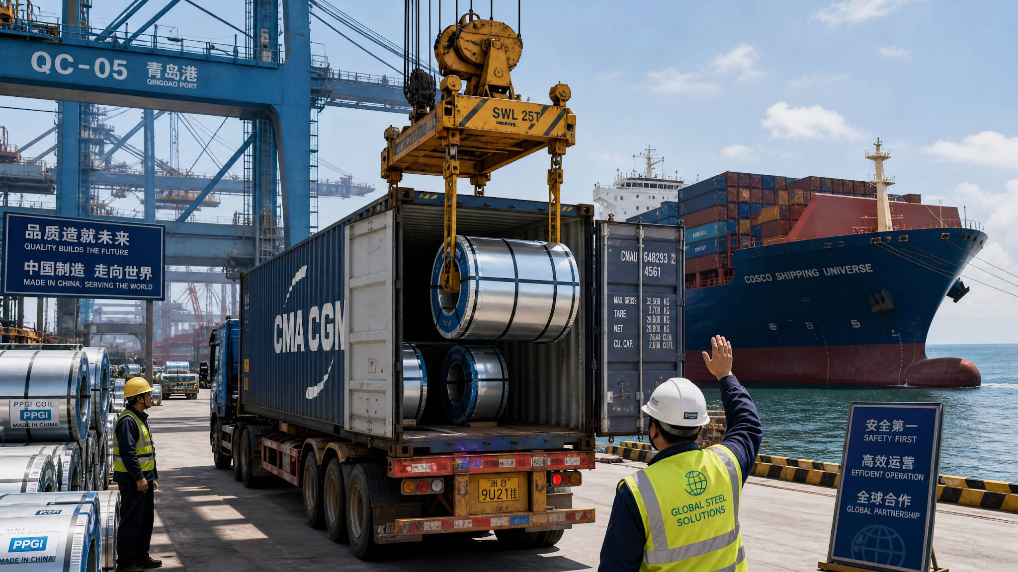 A crane loading bundled PPGI steel coils into a shipping container at a busy port, with a cargo ship in the background.