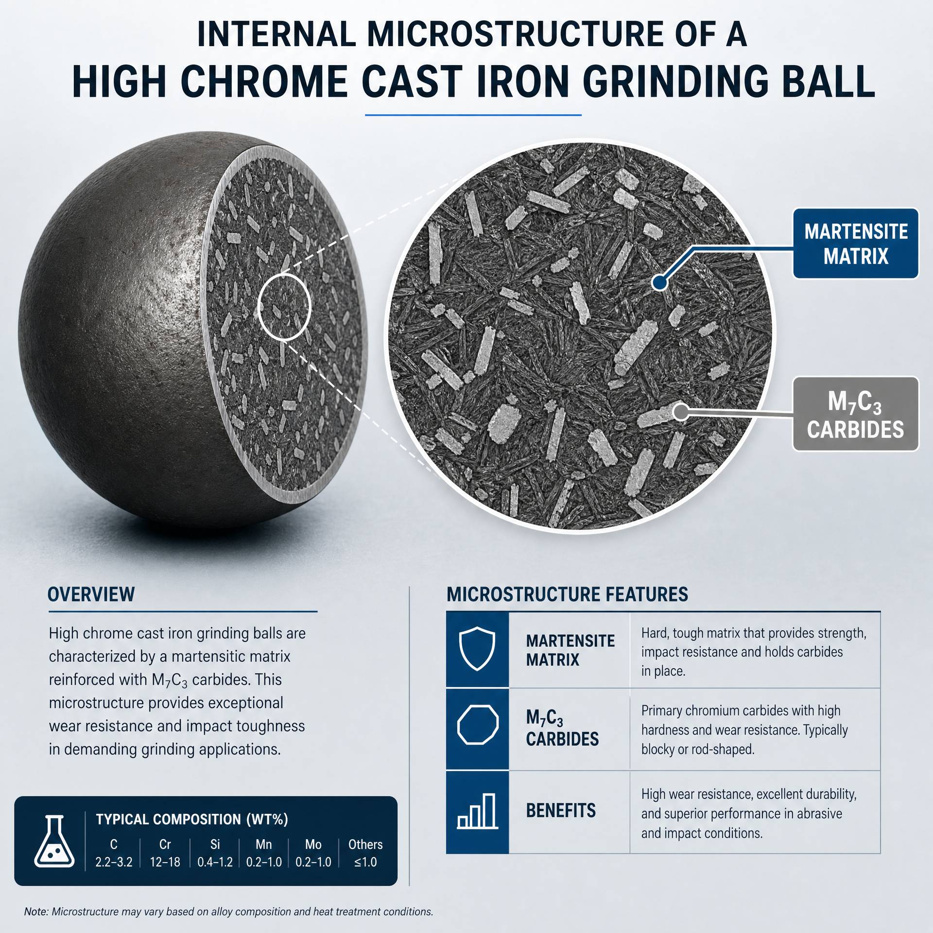 Infographic showing the internal microstructure of a high chrome cast iron grinding ball with Martensite Matrix and M7C3 Carbides.