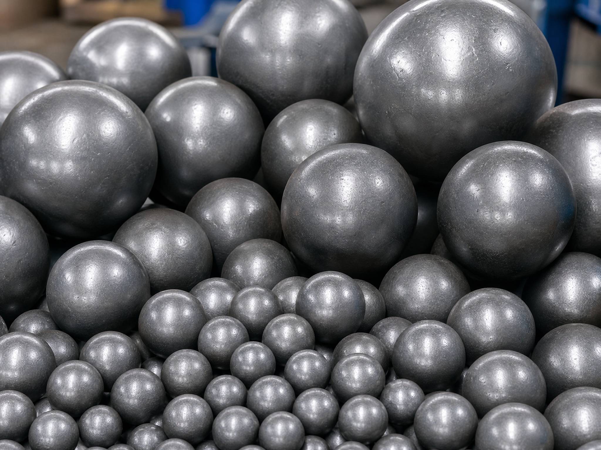 Close-up of high-quality cast iron grinding balls of various sizes, from 20mm to 150mm