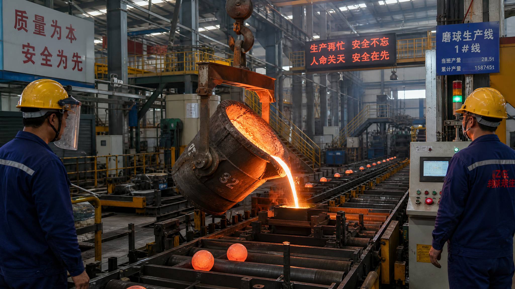 Asian Chinese factory workers overseeing the molten iron casting process for grinding balls in a modern factory.