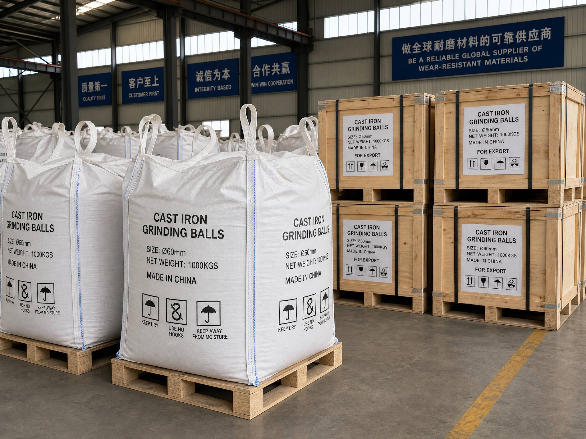  Cast iron grinding balls packaged in large woven bags and wooden crates, ready for international shipping.