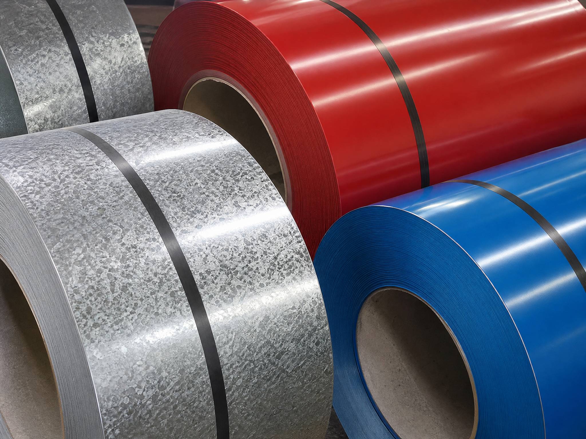  High-resolution close-up of shiny GI and vibrant red and blue PPGI steel coils showing the metallic texture.