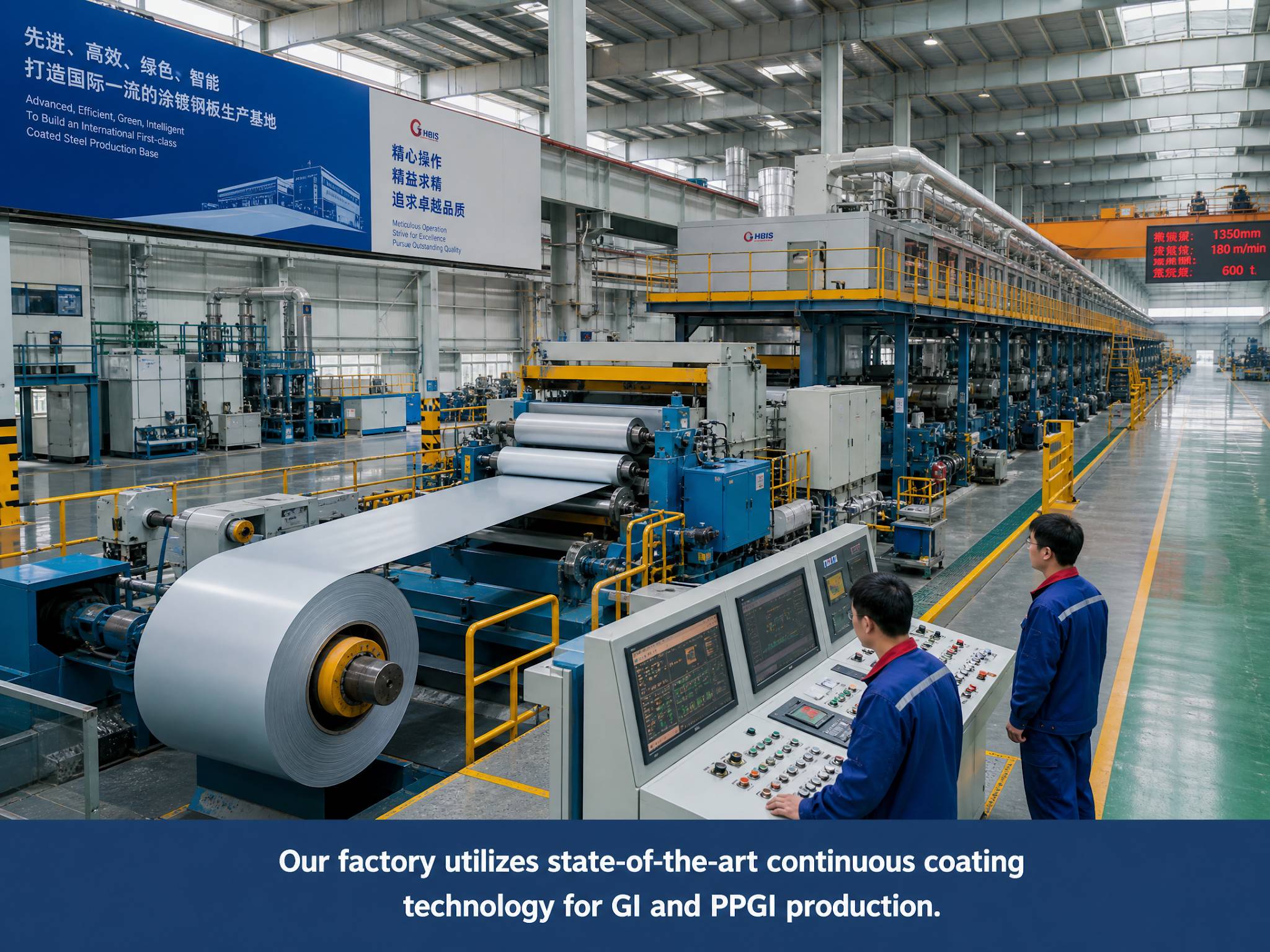 Asian Chinese workers monitoring a continuous galvanizing and pre-painting line in a large, modern factory.