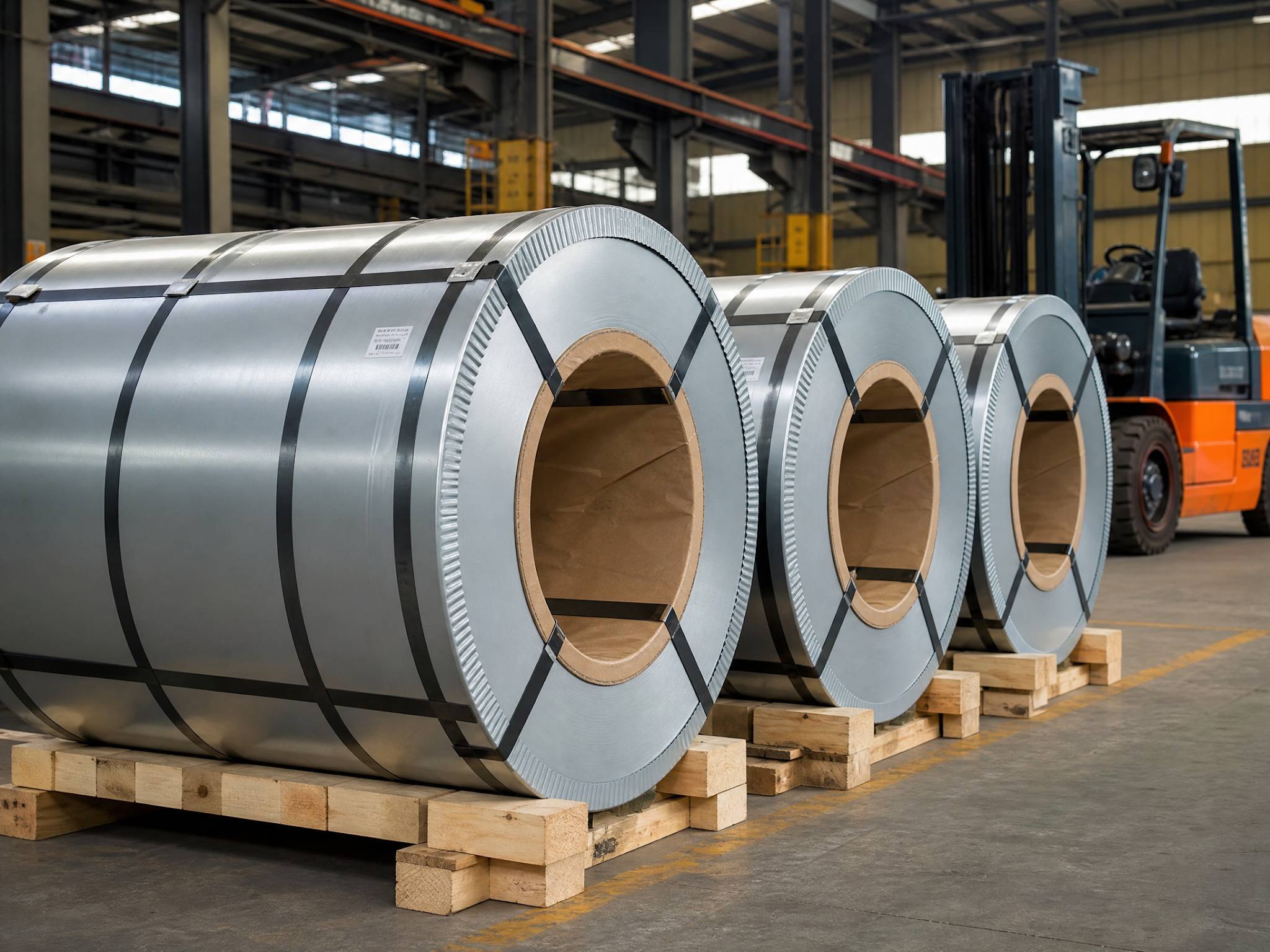 GI and PPGI steel coils securely wrapped and strapped on pallets in a warehouse, ready for global shipment.