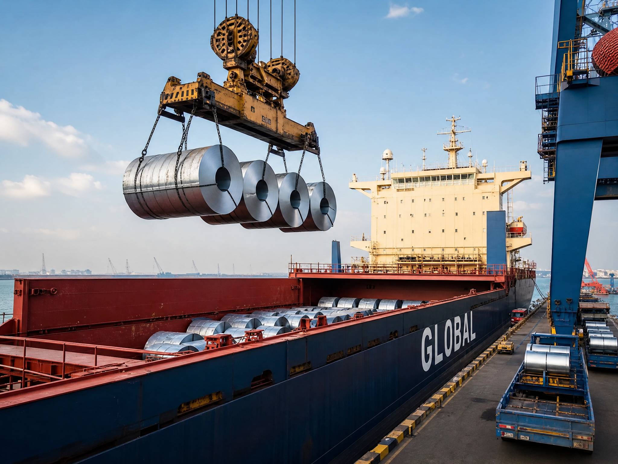 Crane loading large GI and PPGI steel coils into a container ship at a busy industrial port.
