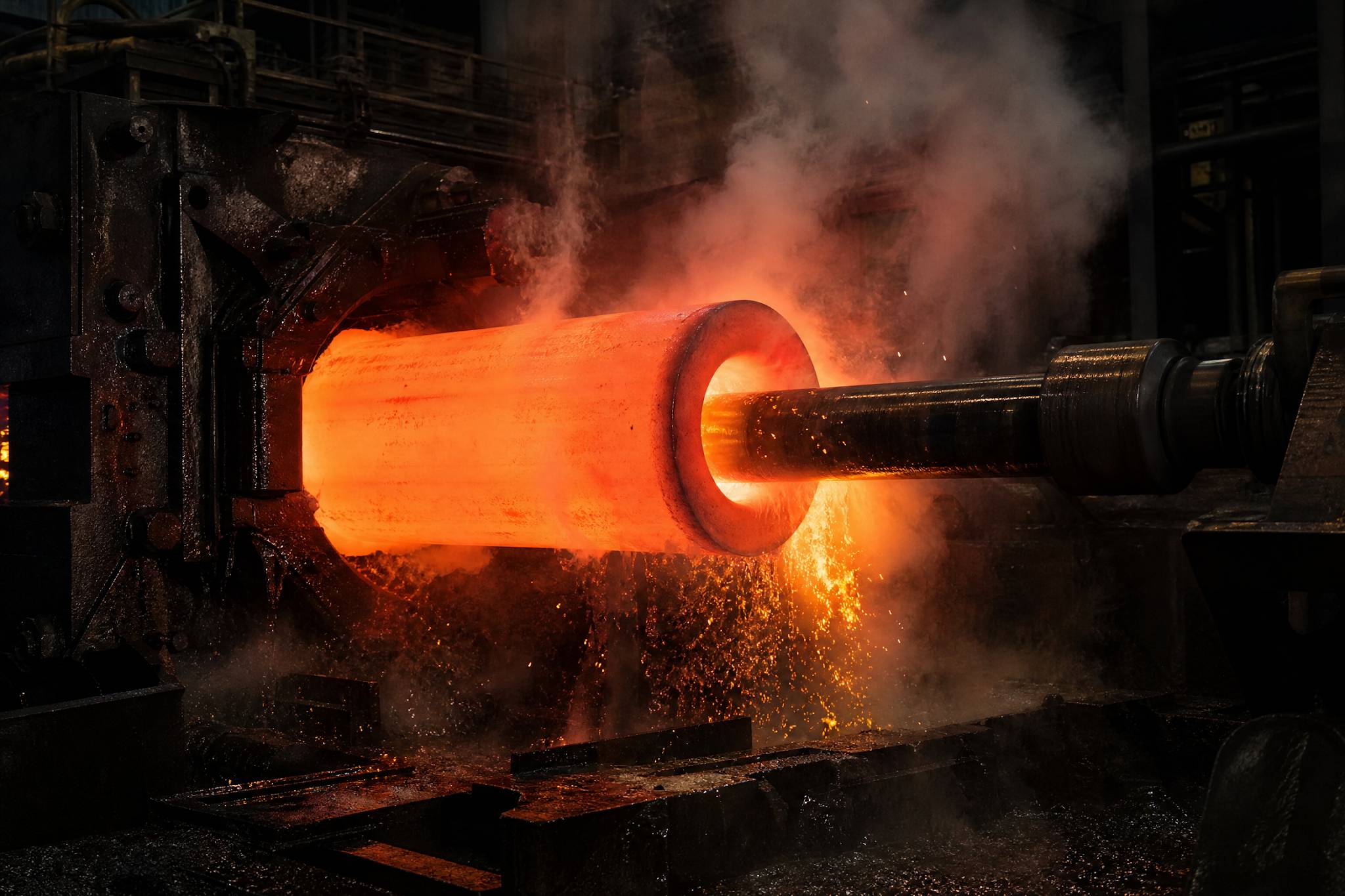 A red-hot steel billet being pierced by a mandrel to create a seamless pipe in a Chinese steel mill, with sparks and steam visible. 